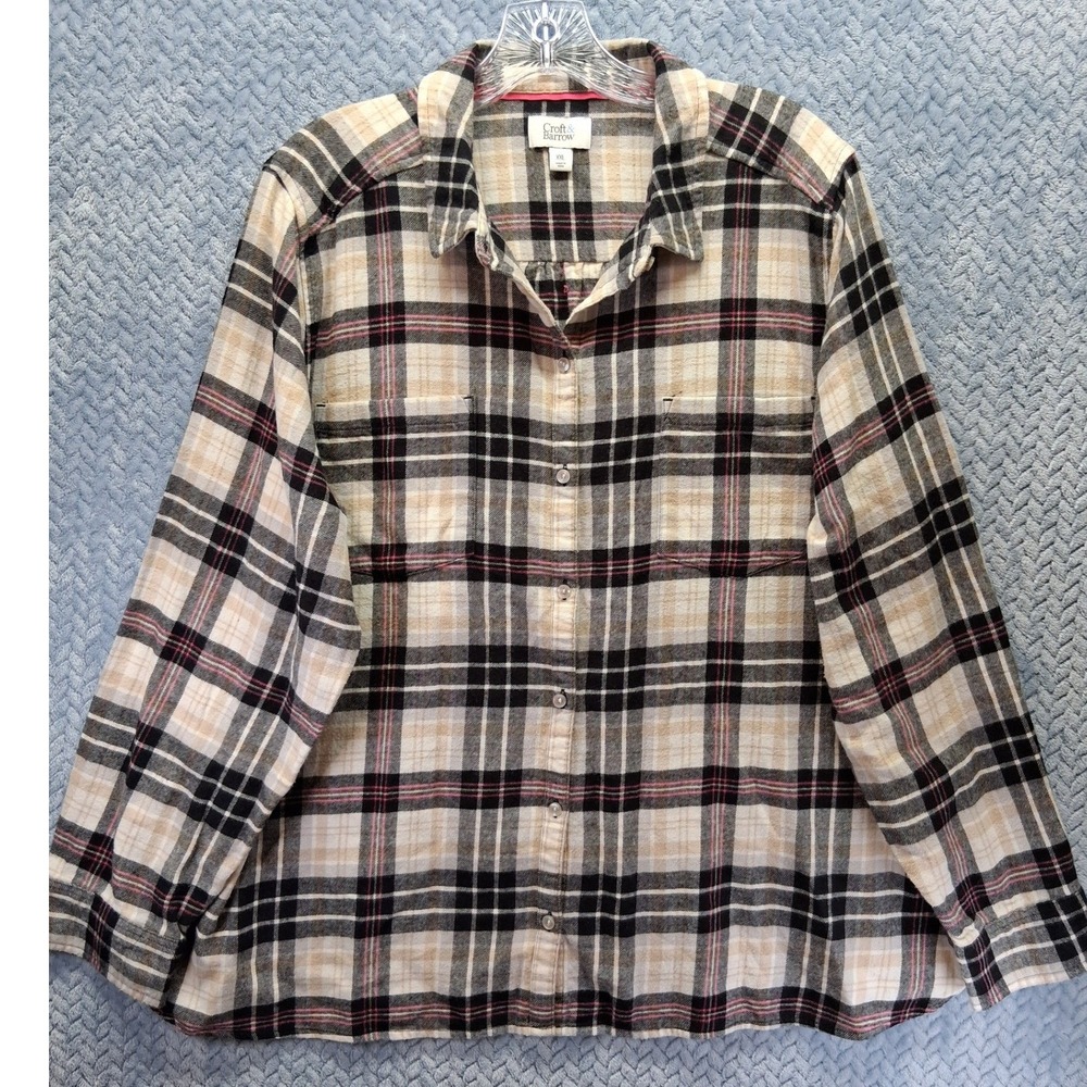 Croft & Barrow Women XXL Plaid Flannel Shirt Cotton Long Sleeve Button Down Pink